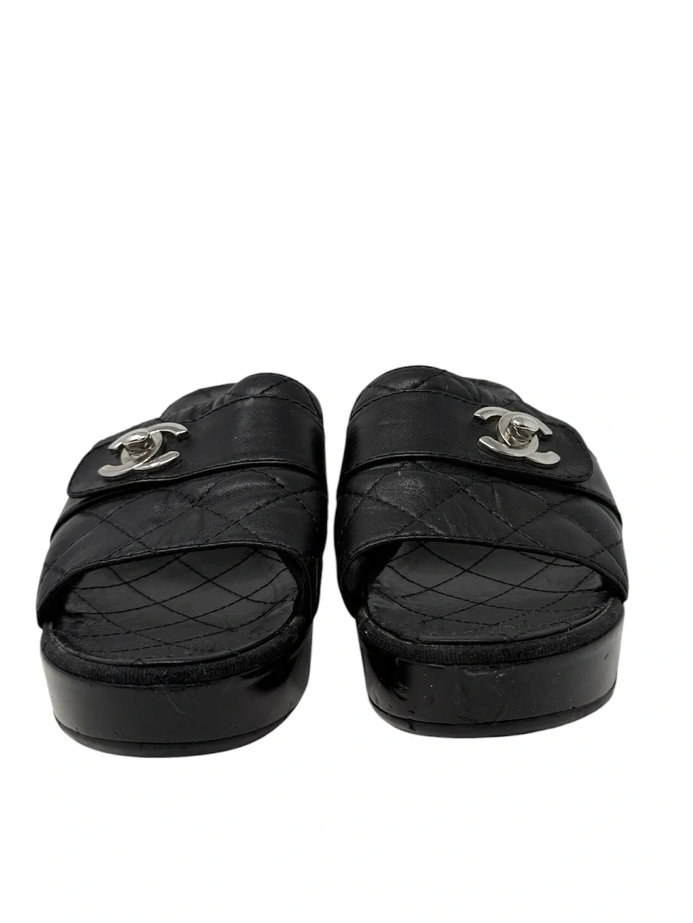 Chanel Black Quilted CC Slip On Turnlock Platform Mules Slides Clogs Sandals 38
